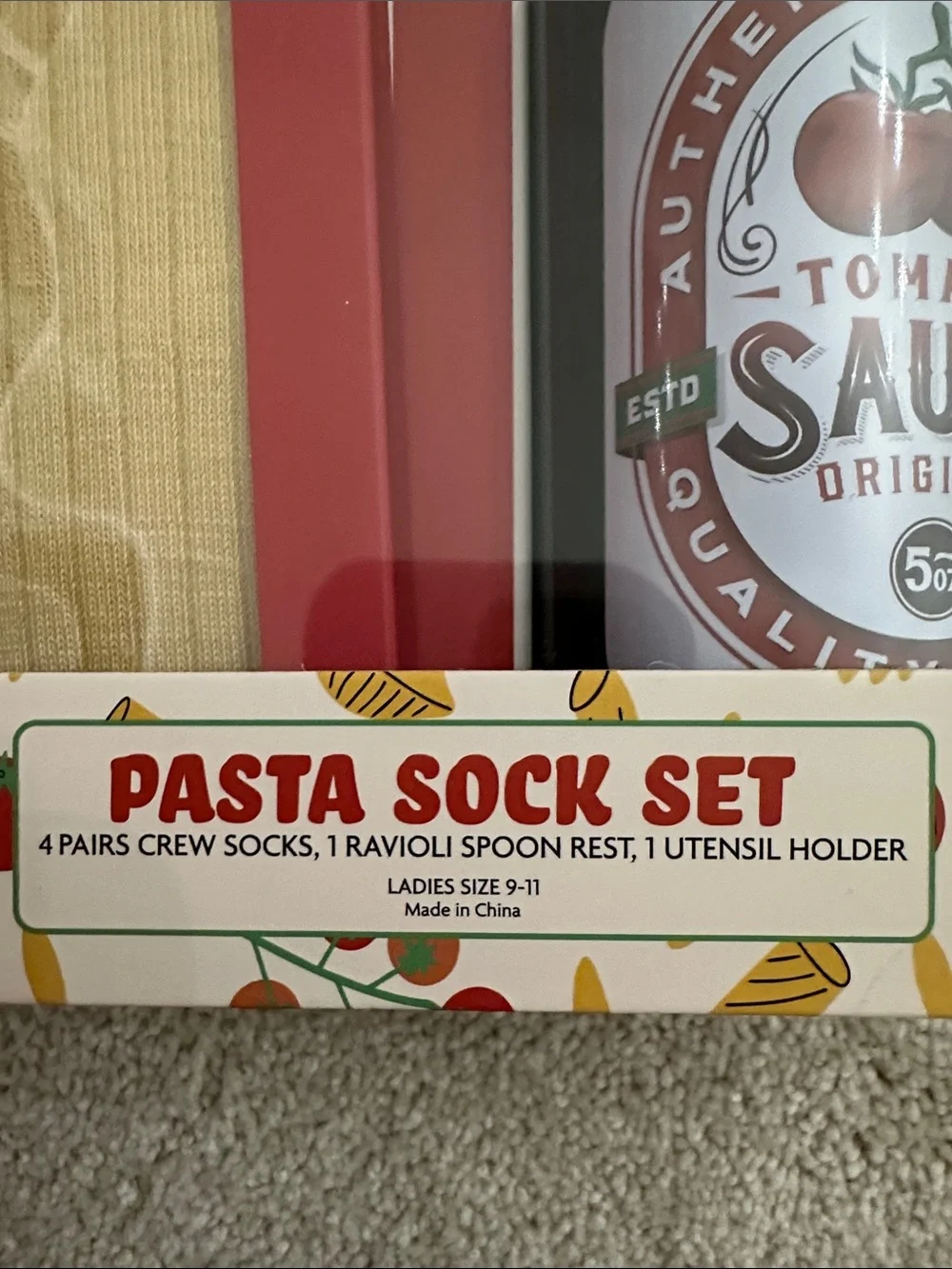 Pasta Sock Set — Yellow & Red Crew Socks with Novelty Utensil Accessories